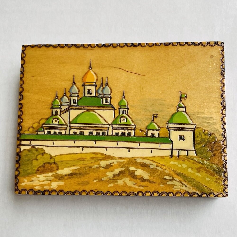 Vintage Russian Wooden Trinket Jewelry Box Hand Carved Painted Gift‎ Decor Stamp